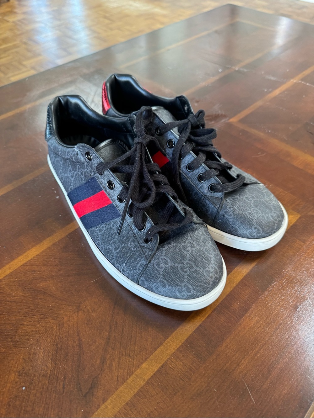 Gucci Gray GG Canvas Low-Top Sneakers with Red & Blue Stripe